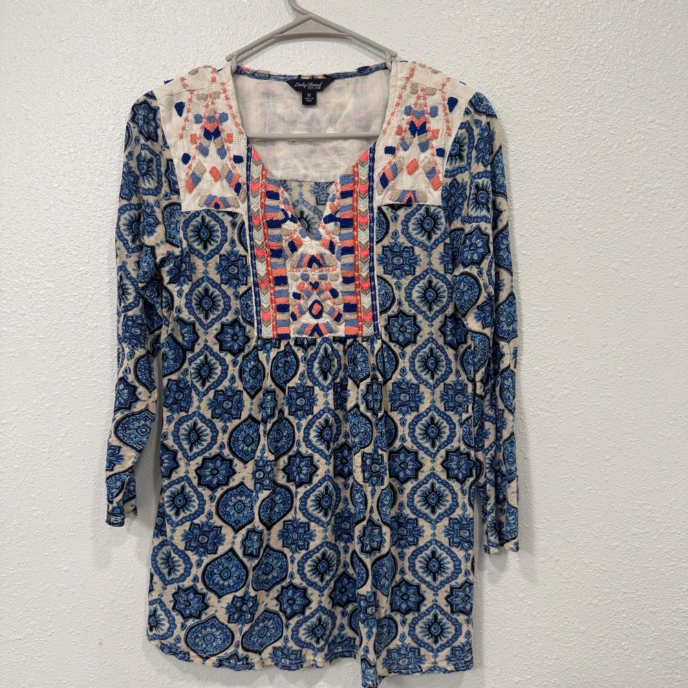 Lucky Brand Blue Medallion Embroidered Linen Blend Tunic Top Womens Medium